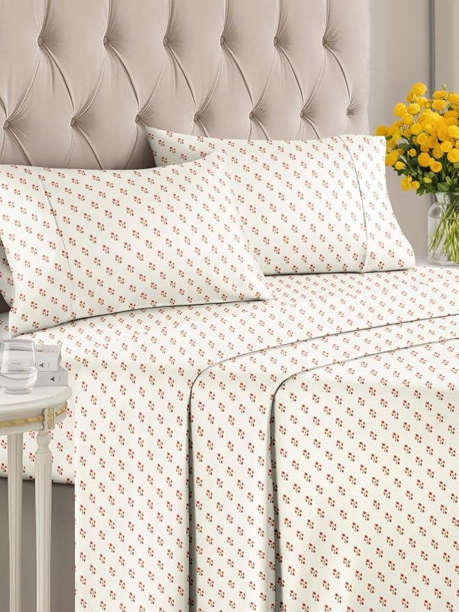 Floral Sheets - Flower Print Bed Sheet Set - 1 Flat, 1 Fitted & 2 Pillowcases w/ Deep Pockets - Comfy, Cozy, Wrinkle & Fade Free - Boho Botanical Bedding - Soft, Breathable & Cooling - King Size Set