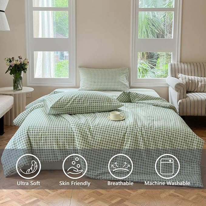 NSNLGSGC Sage Green Gingham Cotton Comforter Set Queen, 100% Washed Cotton Green Plaid Checked Comforter Bedding, 3 Pieces Vintage Farmhouse Grid Bedding Set(Sage Green Gingham, Queen)