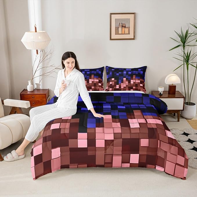 Pixelated Miners Game Kids Bedding Set Queen Size,Geometric Check Video Games Comforter Set,Gamepad Grid Gaming Quilt Comforter,Blue Red Bedroom Duvet Insert,2 Pillowcases