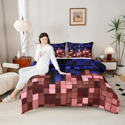 Pixelated Miners Game Kids Bedding Set Queen Size,Geometric Check Video Games Comforter Set,Gamepad Grid Gaming Quilt Comforter,Blue Red Bedroom Duvet Insert,2 Pillowcases