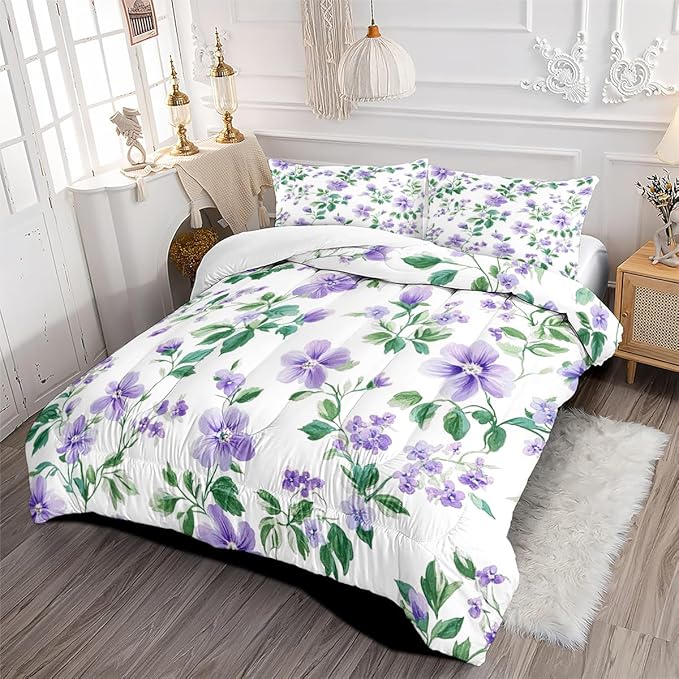 Girls Adults Vintage Floral Comforter Sets Full Size, 5 Piece 3D Botanical Flowers Bedding Set with 1 Comforter 79"x 90", 2 Pillowcases, 1 Fitted Sheet and 1 Flat Sheet