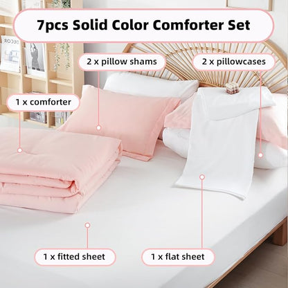 weigelia Queen Comforter Set Blush Pink Comforter Set 7 Pieces Comforters Queen Size Bedding Set with Flat Sheets, Fitted Sheet, Pillow Shams, Pillowcases for All Season