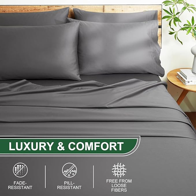 Ivelow 100% Egyptian Cotton Sheets Full Size Set - 1200 Thread Count 6 PC 18" Deep Pocket Full Size Bed Sheet Set，Luxury Soft Breathable Grey Cooling Sheet Sets Durable Hotel Quality Bedding
