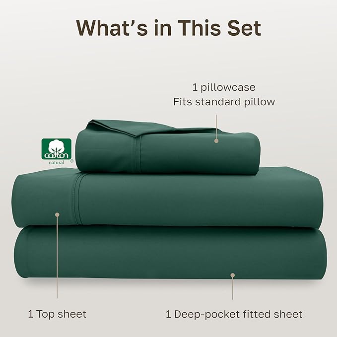 California Design Den Soft Twin Sheets Set - 400 Thread Count Sateen, Natural 100% Cotton Sheets, Deep Pockets, and Durable Bedding Set for Dorm Rooms & Adults - Hunter Green
