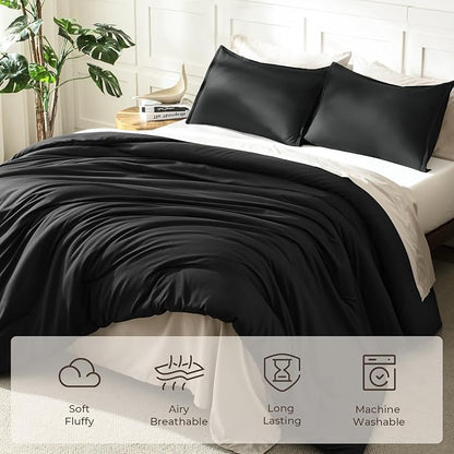 Litanika Black Comforter Full Size, 3 Pieces Boho Lightweight Solid Bedding Comforter Set, All Season Fluffy Bed Set (79x90In Comforter & 2 Pillowcases)