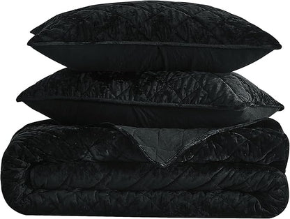 Chezmoi Collection Lux Black Velvet Quilt Queen Set, 3-Piece Lush Plush Distressed Velvet Bedding All Season Lightweight Comforter Brushed Microfiber Reverse with Diamond Stitch Quilting