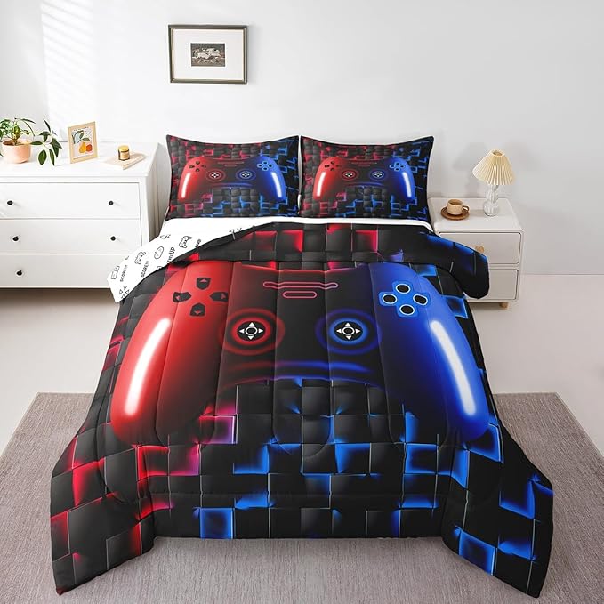 Erosebridal Gaming Bedding Sets for Boys,King Size Comforter Sets for Boys Girls Kids 3D Gamer Geometric Comforter,Game Console Lightweight Microfiber Duvet Quilt,Neon Red Blue Black Glowing