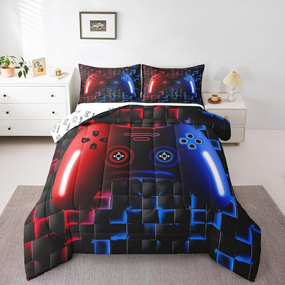 Erosebridal Gaming Bedding Sets for Boys,King Size Comforter Sets for Boys Girls Kids 3D Gamer Geometric Comforter,Game Console Lightweight Microfiber Duvet Quilt,Neon Red Blue Black Glowing