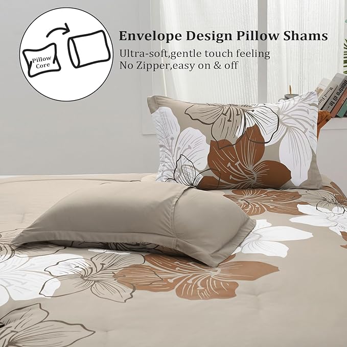 Menghomeus Brown Comforter Set California King Taupe Floral Comforter Cal King Botanical Bedding Sets Soft Microfiber Bed Set for All Season, 3 Pieces (1 Comforter, 2 Pillowcases)