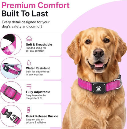 GPS Dog Collar Tracker 2-in-1,Reflective Waterproof Pet Collar,iOS-Only,No Monthly Fees,Unlimited Range,Dog Tracking Collar Pet Tracker,for Small Medium Large Dogs(L (16.5"-23.5"), Hot Pink)