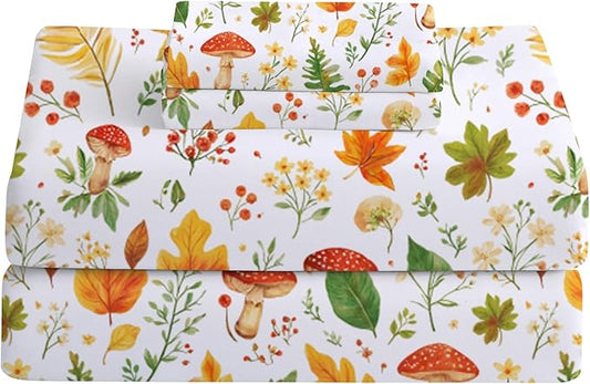 Softan Orange Floral Queen Size Sheet Set, Printed Microfiber Fitted Sheet with 15" Deep Pockets & Non-Slip Straps, Maple Leaves & Mushroom Patterned Bedding Sheets & Pillowcase Set