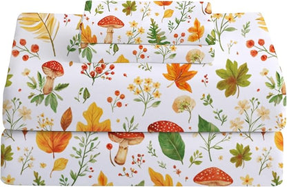 Softan Orange Floral Full Size Sheet Set, Printed Microfiber Fitted Sheet with 15" Deep Pockets & Non-Slip Straps, Maple Leaves & Mushroom Patterned Double Bedding Sheets & Pillowcase Set