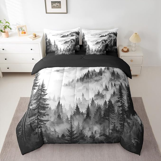 Erosebridal Black Gray Misty Forest Queen Comforter Set with Sheets 7 Piece Grey White Foggy Mountain Bed in A Bag Rustic Woodland Pine Trees Bedding Sets for Kids Adults,Watercolor Nature Bed Set
