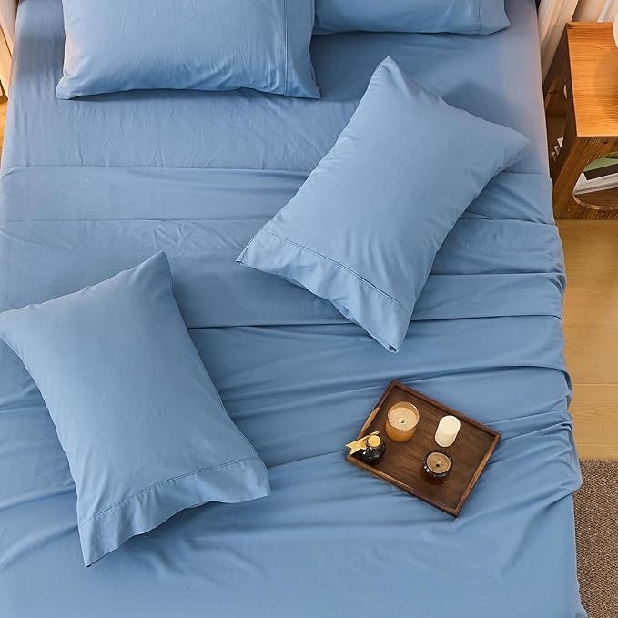 Bedlifes 100% French Flax Linen Sheets Set California King Size-6 Piece Extra Deep Pocket 18-24",Soft Breathable Cal King Bed Sheets with Temperature Regulating & Moisture-Wicking(Flint Blue
