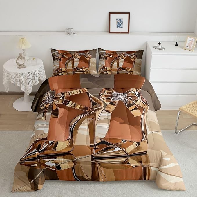 Erosebridal High-Heels Girlish Girls Comforter Set Full Size Romantic Fashion Bedding Set Fashionable Gorgeous Quilt for Kids Children Women Bedroom Decor Modern Minimalist Gold Down Comforter