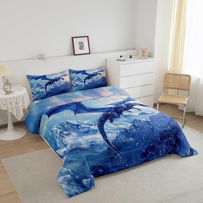 Castle Fairy Blue Dragon King Size Comforter Set,Kids Snow Mountain Decor All Season Bedding Set,Teens Flying Dragon Comforter,Winter Snow Scenery Decor Quilt Set Bedroom Collection 3Pcs