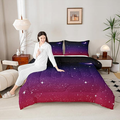 Purple Galaxy Comforter Full Size Moon Star Comforter Set Night Starry Sky Bedding Sets Reversible Space Nebula Cosmos Aesthetic Down Comforter for Kids Adults With 1 Comforter and 2 Pillow Cases