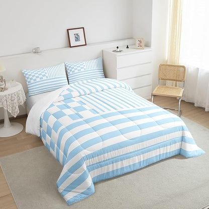 Blue Plaid Bedding Set Full Size Fashion Buffalo Check Comforter Blue Stripes Geometric Comforter Set Modern Simple Style Duvet Set 3Pcs Quilt Set 1 Comforter Set with 2 Pillowcase