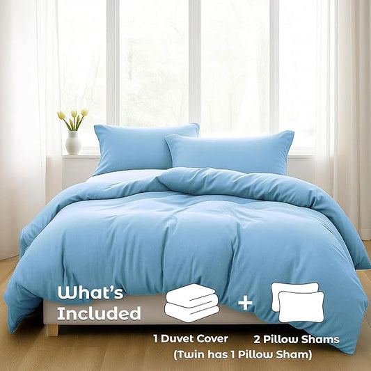 Pure Bedding Duvet Cover Queen Size - 3 Pieces Extra Soft Bedding Set, Includes 1 Duvet Cover 90x90 Inches with Zipper Closure & 2 Pillow Shams, Comforter Not Included, Sky Blue