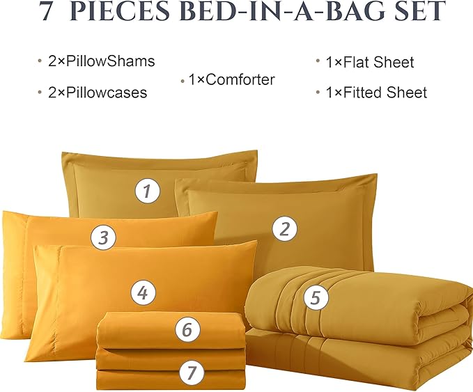 Monbix Queen Comforter Set - 7 Pieces Bright Yellow Bed in a Bag Queen Bedding Sets with Comforters, All Seasons Comforter Bed Set with Sheets,Pillowcases & Shams