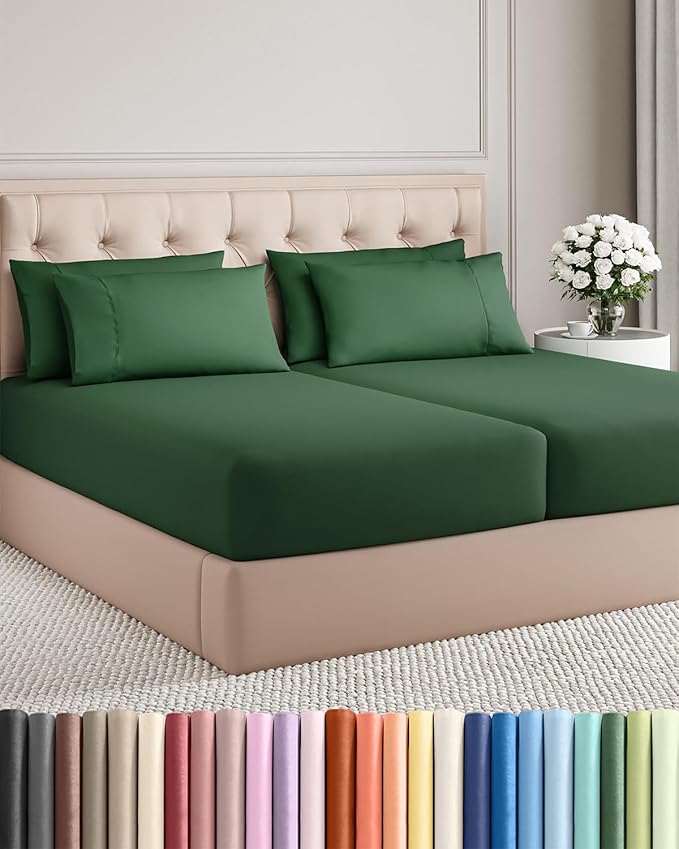 Split King 7 Piece Sheet Set - Comfy Breathable & Cooling - Ultra Soft Hotel Luxury Bedding Set w/ 8-16 Inch Deep Pockets - 1 Flat & 2 Fitted Sheet & 4 Pillowcases - Wrinkle Free & Easy Care - Emerald