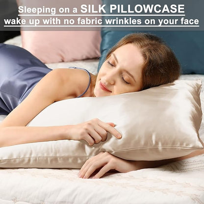 Silk Pillow Cases 2 Pack for Hair and Skin, Ravmix Cooling Pillow Cases Both Sides Mulberry Silk Pillowcases Set of 2 with Hidden Zipper, Queen Size 20×30inches, Cream Beige