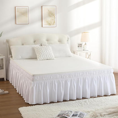 RIMELA White Bed Skirt Queen Size 15 Inch Drop, Elastic Bed Skirting for Adjustable Bed Base & Frame, Bedding Dust Ruffle Easy to Install, Wrap Around Bedskirt, Room Decoration