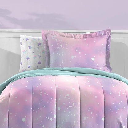 Dream Factory Kids 7-Piece Complete Bed Set Easy-Wash Super Soft Microfiber Comforter Bedding, Full, Pink Twilight Galaxy Stars