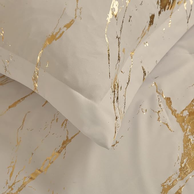 WONGS BEDDING Khaki Gold Metallic Marble Comforter Set Queen Foil Print Glitter Bedding Sets with 2 Pillowcases for All Seasons, Soft Microfiber Filling Bedding Duvet Set 90"x90"