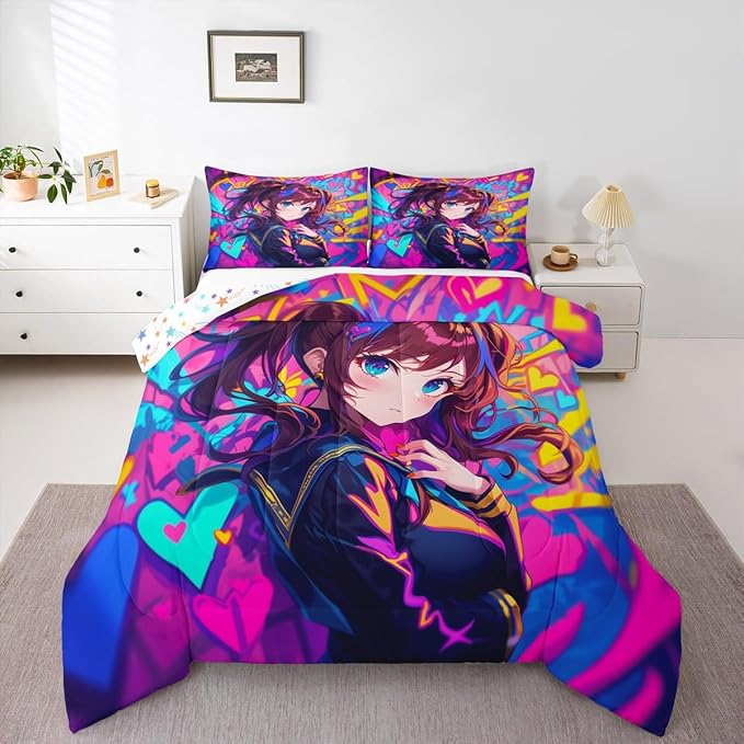 Erosebridal Anime Girl King Comforter Set, Japanese Anime Bedding Set for Kids Girls Teens Adult Bedroom, Cartoon Girl Bedding Comforter Sets Kawaii Japanese Animation Quilt 3 Piece, Purple