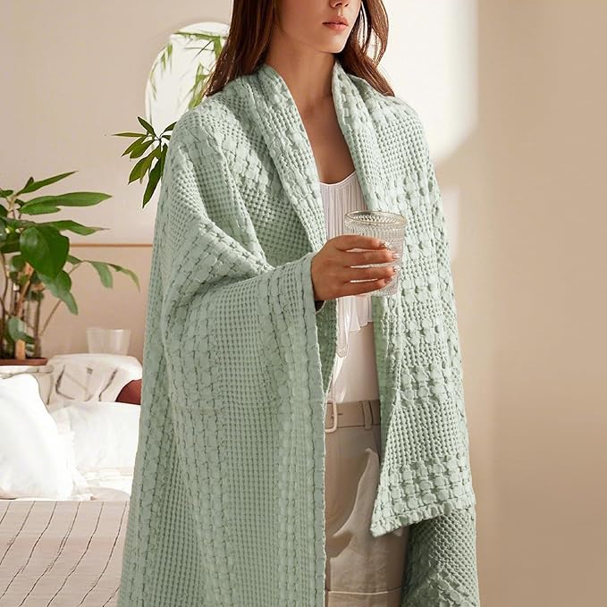 PHF 100% Cotton Waffle Weave Throw Blanket, Soft Lightweight Breathable Cozy Throws for Couch Bed Sofa, Luxury Aesthetic Blanket Gift for Home Decor & Office, 50"x60", Mint Green