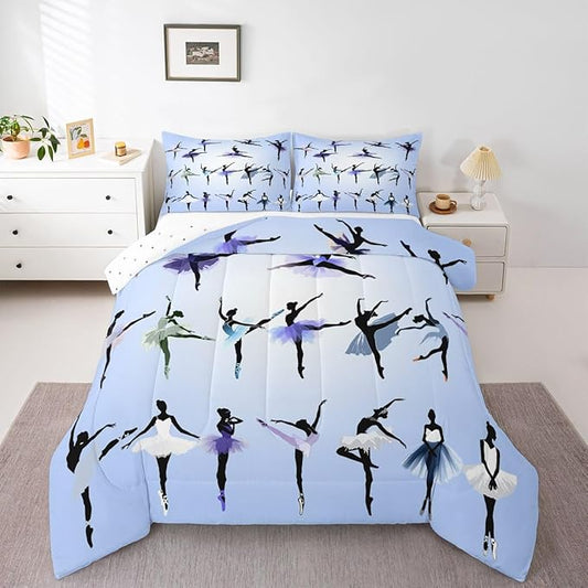 Erosebridal Girl Comforter Set Queen Size Ballet Bedding Set for Girls Women Kids Teens Dancing Theme Down Comforter Classical Graceful Style Warm Soft 3 Pieces Bedroom Decor Quilt Set