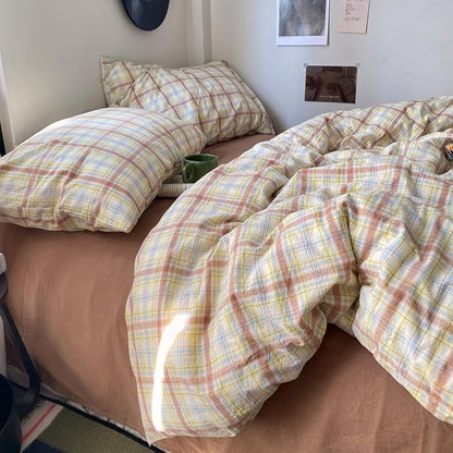 EAVD Vintage Style Buffalo Plaid Duvet Cover Set Twin Soft 100% Washed Cotton Chic Blue&Yellow&Brown Grid Plaid Bedding Set with 2 Pillowcases Farmhouse Gingham Duvet Cover with Zipper