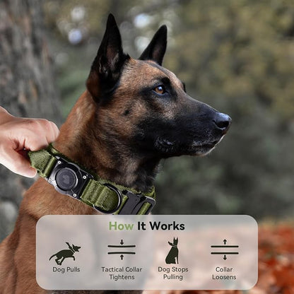 2026 Upgrade Waterproof Tactical AirTag Dog Collar, Built in AirTag Holder | Comfortable Control Handle, Quick Release Metal Buckle, Durable 1000D Nylon, For Medium to Large Dogs, Army Green, L
