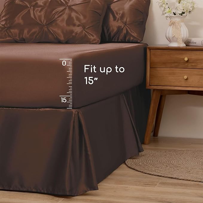 MR&HM Satin Comforter Set Oversized Queen, 7 Piece Bed in a Bag, Silky Soft All Season Bed Set, Luxury Pinch Pleat Bedding Set with Comforter, Sheets, Pillowcases & Shams, Brown