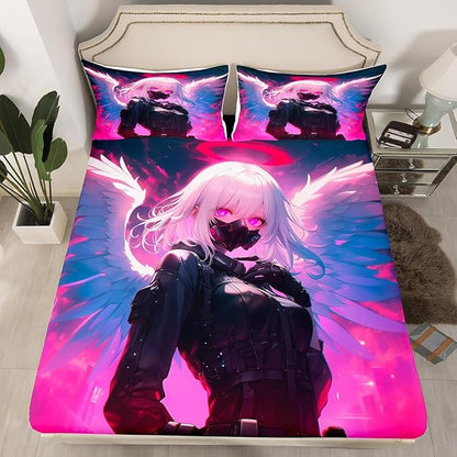 Erosebridal Queen Japanese Anime Bedding Set Anime Girl Fitted Sheet for Kids Girls Teens Men Bedroom, Cartoon Girl Bed Sheets Kawaii Japanese Animation Sheets 3 Piece with 2 Pillow Cases