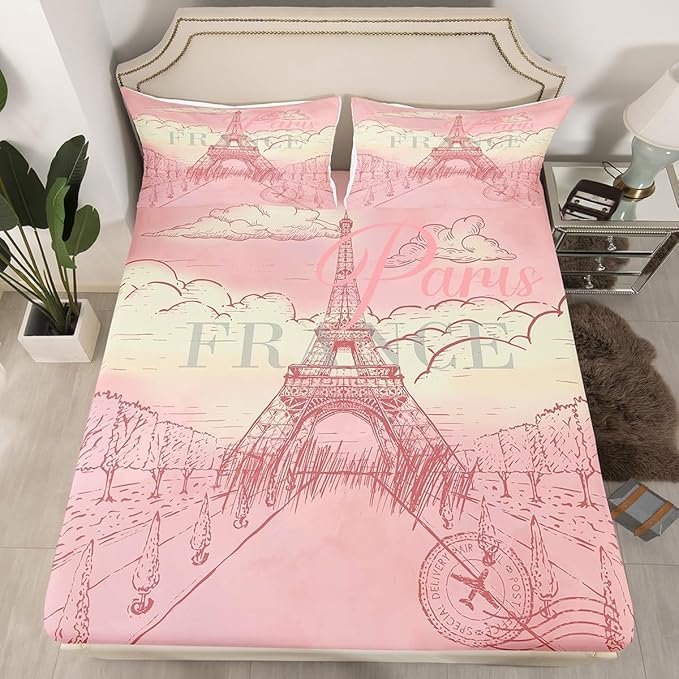 Eiffel Tower Bed Sheets Set Retro Paris Style Fitted Sheet Vintage Cityscape Bedding Set for Bedroom Decor Girls Women Landmark Sheet (Twin Flat Sheet & Fitted Sheet with 1 Pillow Case)