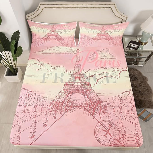 Eiffel Tower Bed Sheets Set Retro Paris Style Fitted Sheet Vintage Cityscape Bedding Set for Bedroom Decor Girls Women Landmark Sheet (Twin Flat Sheet & Fitted Sheet with 1 Pillow Case)