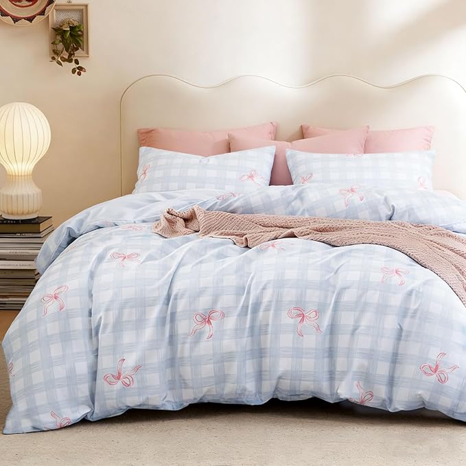Comforter Set Queen Size - 3 Pieces Blue Pink Bows Comforter Set Gingham Checkered Bedding Sets,Queen Bed in a Bag Plaid Comforter and 2 Pillowcase,Back to School Comforter