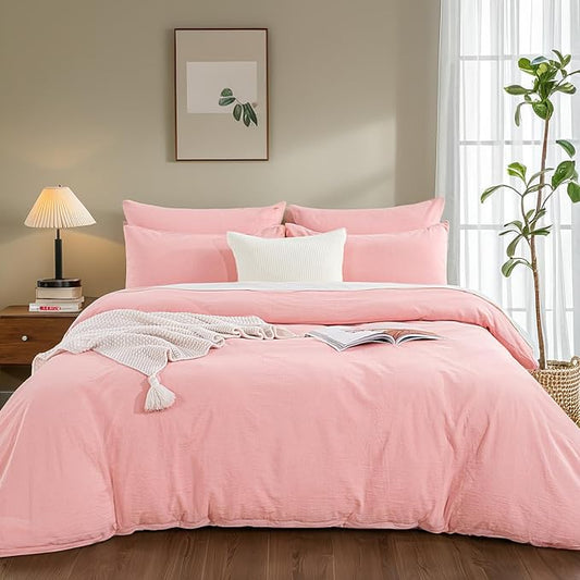 NEXHOME PRO Duvet Cover Twin 100% Washed Cotton, Organic Natural Linen Like Textured, Breathable, Durable, Home Bedding Set, Heathered Pink 6890