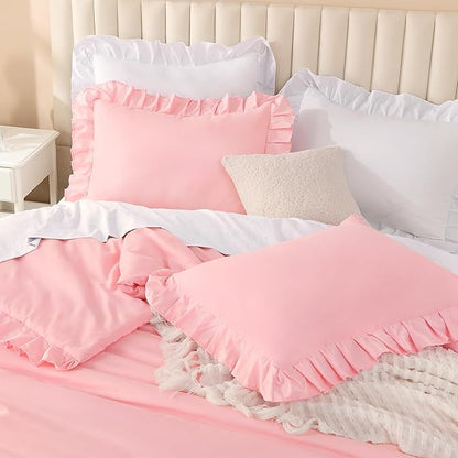 Litanika Pink King Size Comforter Set, 3 Pieces Ruffle Farmhouse Aesthetic Bedding Comforter Set, All Season Soft Lightweight Fluffy Microfiber Bed Set(104x90In Comforter, 2 Pillowcases)