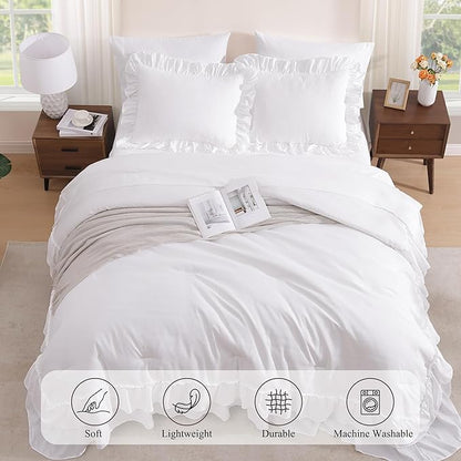 Queen Comforter Set White, Ruffle Shabby Chic Bedding Set Farmhouse 7 Pieces, All Season Fluffy Bed in a Bag with Sheets, Pillowcases & Shams