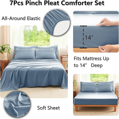CozyLux Full Size Comforter Set Grayish Blue, 7 Pieces Soft Pinch Pleat Bed in a Bag Full Comforter Set with Sheets, Boho Bed Set with Down Alternative Comforter, Sheets, Pillowcases & Shams