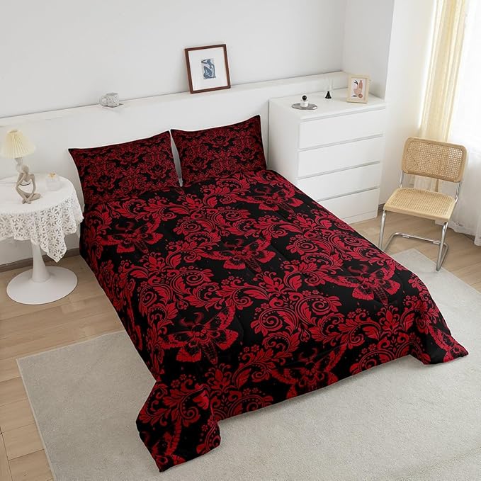 Feelyou Adults Red Vintage Damask Floral Comforter Set Oriental Antique Comforter Twin Size Gothic Bohemia Boho Flower Bedding Set Gothic Skull Duvet Set Quilt Set 2Pcs