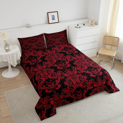 Feelyou Adults Red Vintage Damask Floral Comforter Set Oriental Antique Comforter Twin Size Gothic Bohemia Boho Flower Bedding Set Gothic Skull Duvet Set Quilt Set 2Pcs