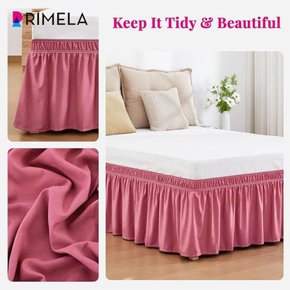RIMELA Dusty Red Bed Skirt Queen Size 15 Inch Drop, Wrap Around Elastic Bedskirt, Dust Ruffle for Adjustable Bed Base Machine Washable Easy to Install Bed Skirts