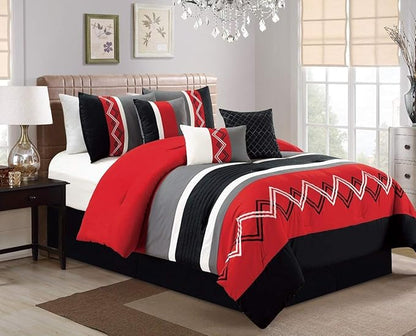 Chezmoi Collection Arden 7-Piece Modern Pleated Stripe Embroidered Zigzag Bedding Comforter Set (Full, Red/Black/Gray/Off-White)