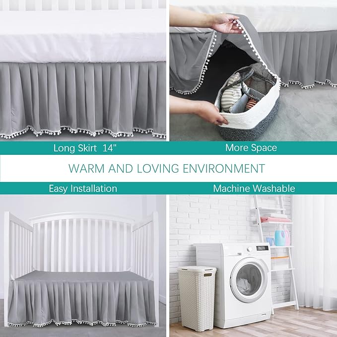 Crib Bed Skirt Grey Pleated with White Lovely Pompoms, Bedding Dust Ruffle for Boys, 14" Drop, Fit All Standard Crib Bed, Machine Wahable Crib Skirt