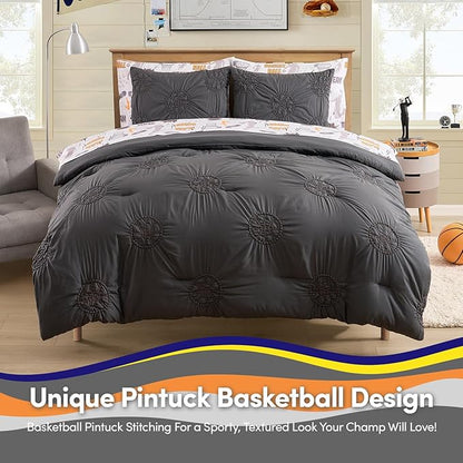 Basketball Pintuck Comforter Set Full Size – Bed in a Bag with Sheets, Pillowcases & Shams – Soft Stylish Sports Bedding – All Season Boys Basketball Bed Set