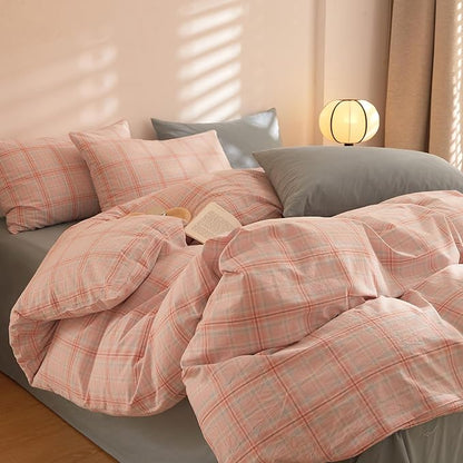 Plaid Comforter King Size Down Alternative Washed Cotton Bedding Set Fluffy Cute Super Soft Boho Bedding Comforter Sets Machine Washable Cozy Puffy Chic Bed Comforter with 2 Pillowcases